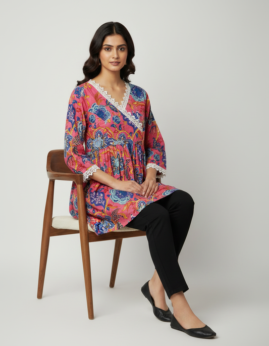 ZOVOR Women's 100% Cotton Angrakha Tunic Top | Style Code ZVR_B02 | Floral Print | Casual & Office Wear