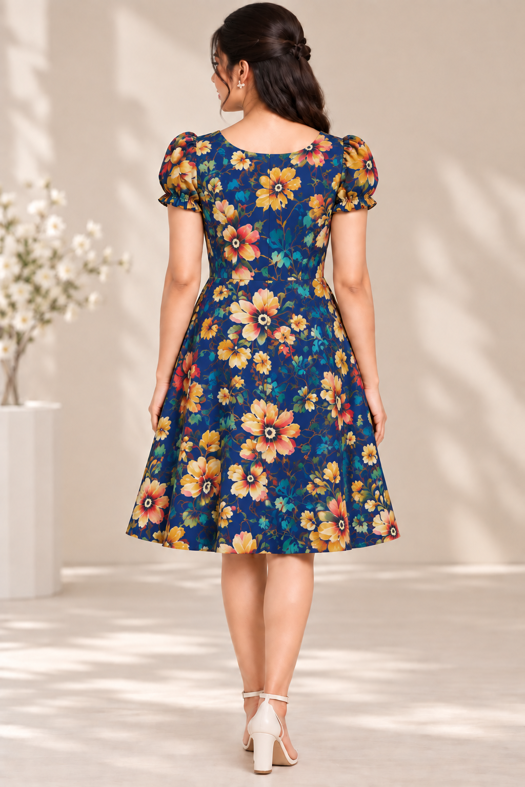 Floral Dress for Women| Navy Blue Multi Floral Print, Georgette ,Puff Sleeves