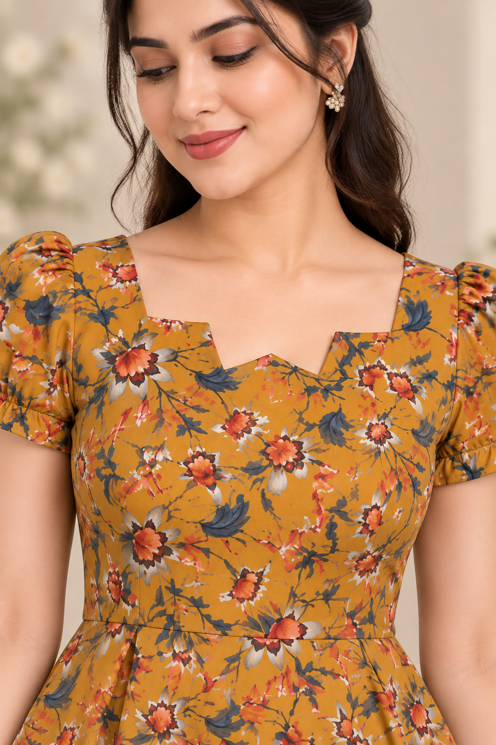 Floral Dress for Women| Mustard Multi Floral print, Georgette, Puff Sleeves