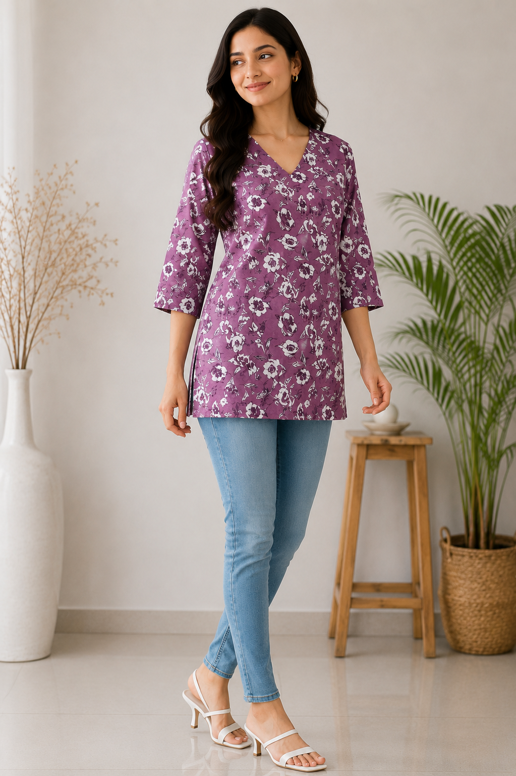 ZOVOR Women's Purple Floral Printed V-Neck Tunic Top