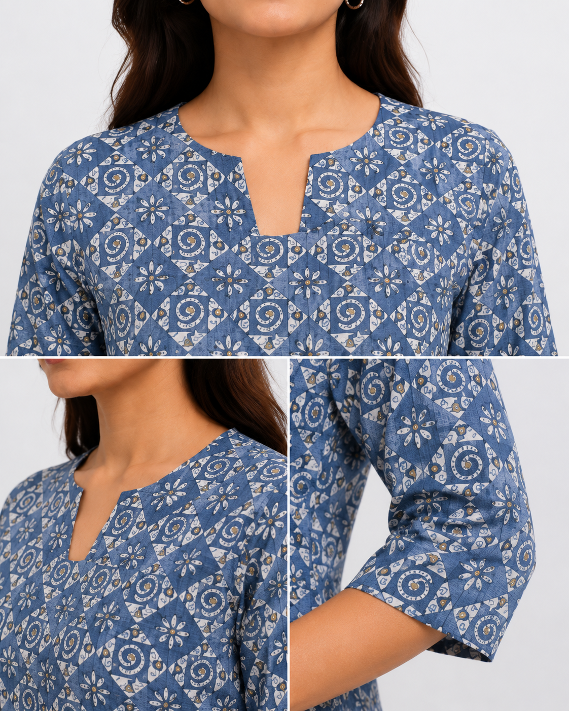 ZOVOR Women's Cotton Slub Printed Notched Neck 3/4 Sleeve Tunic Top