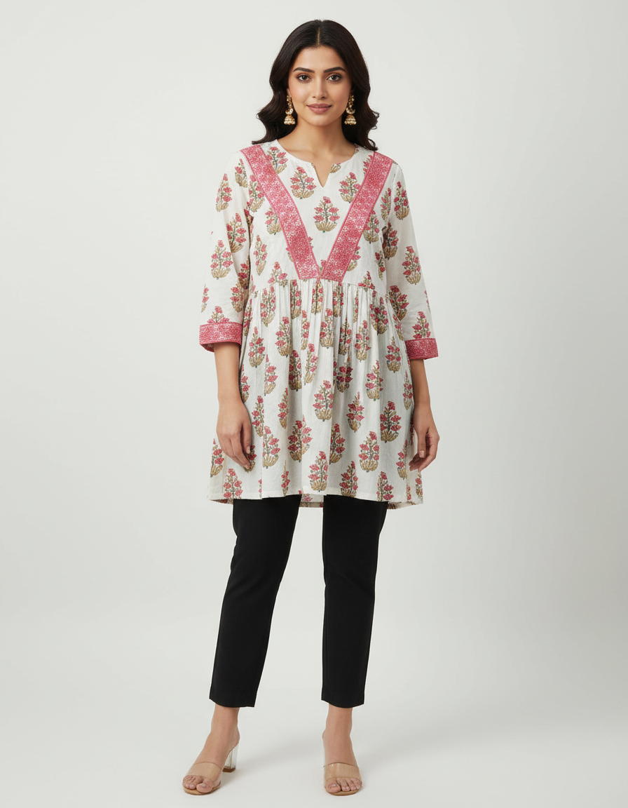 ZOVOR Women's 100% Cotton Floral Print Tunic Top | Lace Detail | Casual & Office Wear