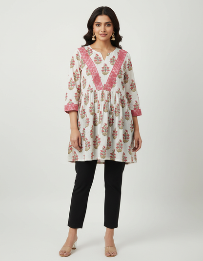 ZOVOR Women's 100% Cotton Floral Print Tunic Top | Lace Detail | Casual & Office Wear