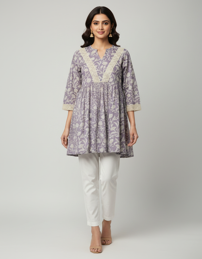 ZOVOR Women's 100% Cotton Floral Print Tunic Top | Lace Detail | Casual & Office Wear