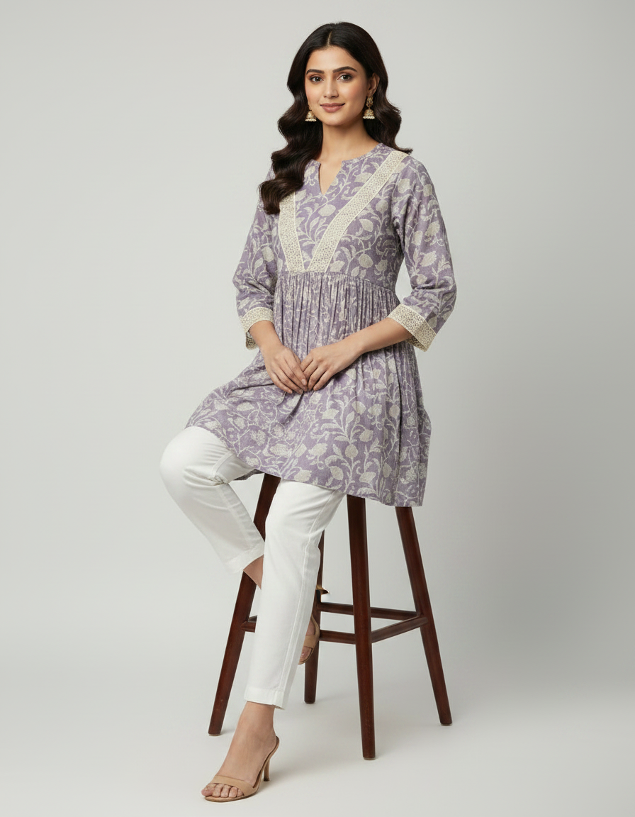 ZOVOR Women's 100% Cotton Floral Print Tunic Top | Lace Detail | Casual & Office Wear