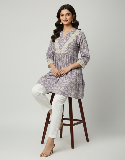 ZOVOR Women's 100% Cotton Floral Print Tunic Top | Lace Detail | Casual & Office Wear