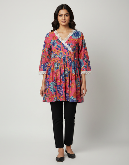 ZOVOR Women's 100% Cotton Angrakha Tunic Top | Style Code ZVR_B02 | Floral Print | Casual & Office Wear