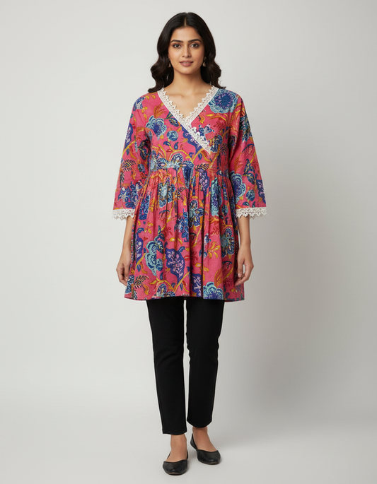 ZOVOR Women's 100% Cotton Angrakha Tunic Top | Style Code ZVR_B02 | Floral Print | Casual & Office Wear