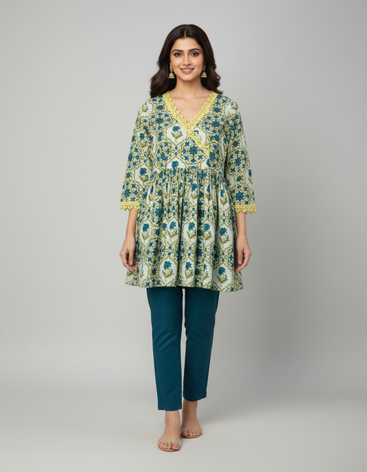 ZOVOR Women's 100% Cotton Angrakha Tunic Top | Floral Print | Casual & Office Wear
