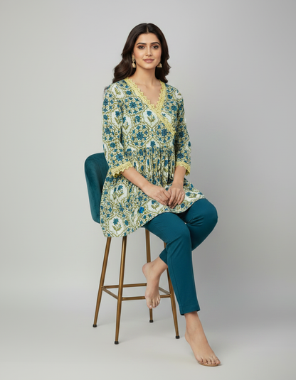 ZOVOR Women's 100% Cotton Angrakha Tunic Top | Floral Print | Casual & Office Wear
