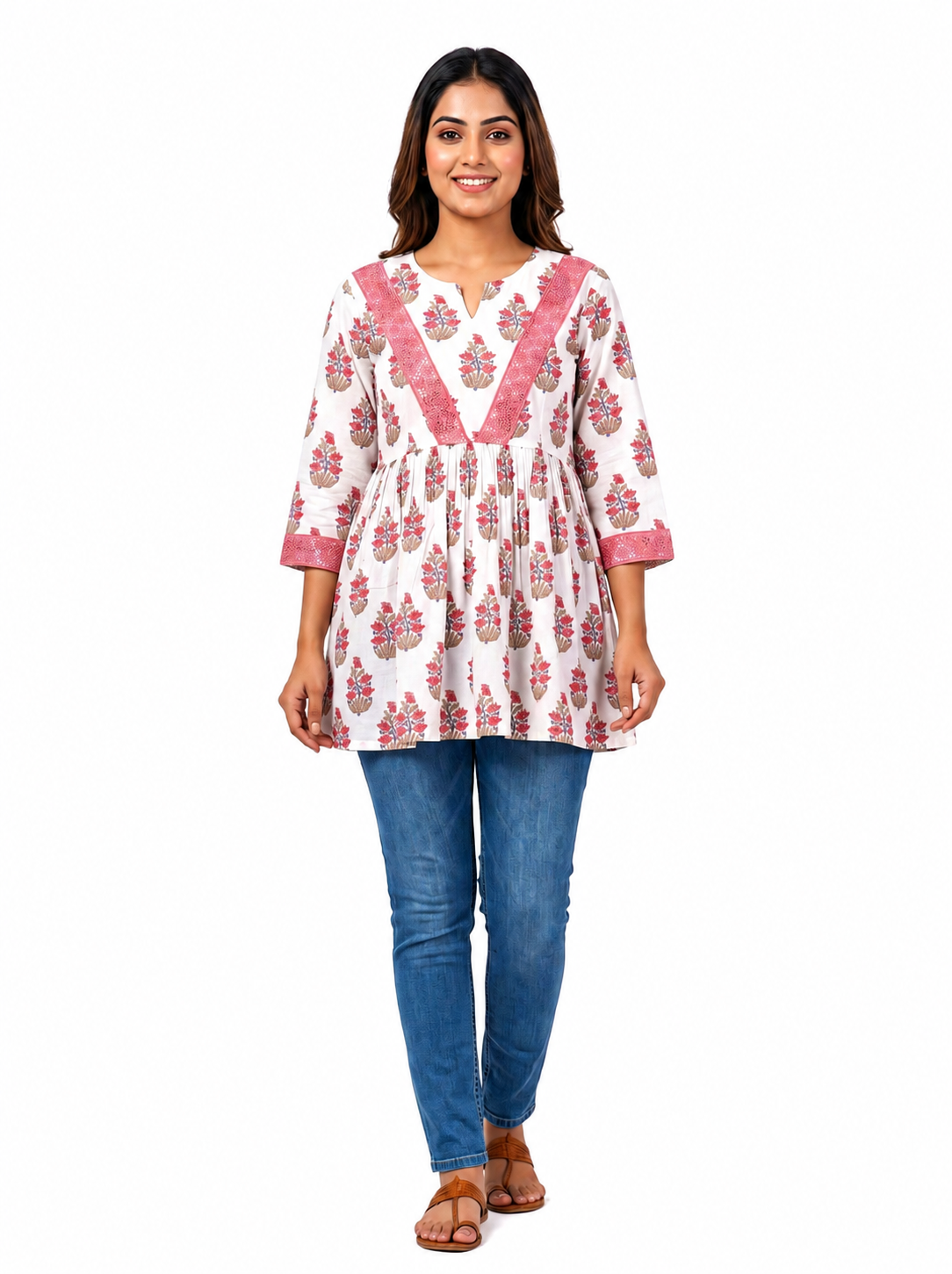 Floral Print Tunic Top - Pink (100% Cotton)