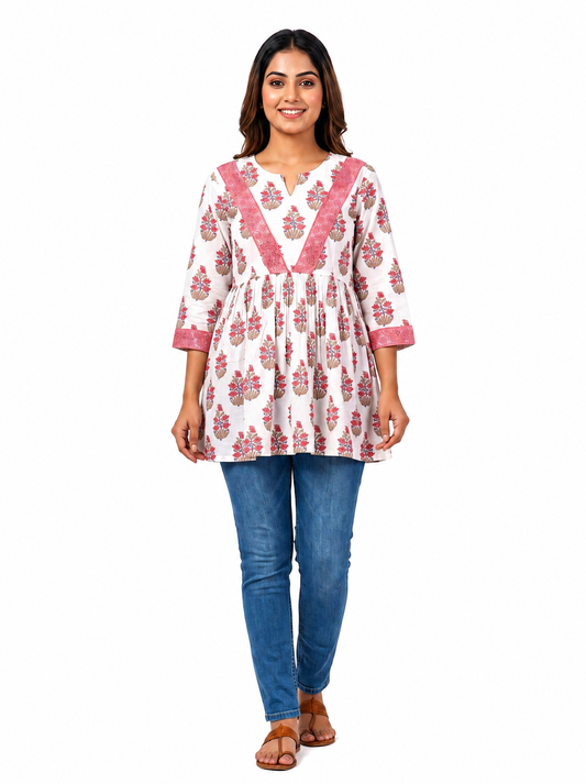 Floral Print Tunic Top - Pink (100% Cotton)