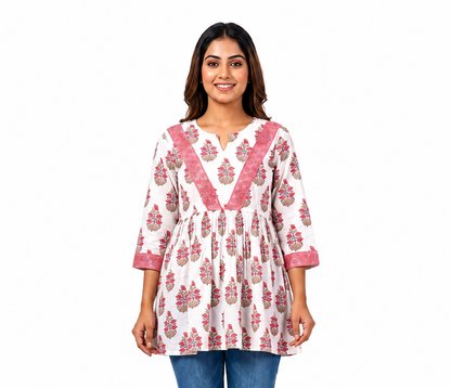 Floral Print Tunic Top - Pink (100% Cotton)