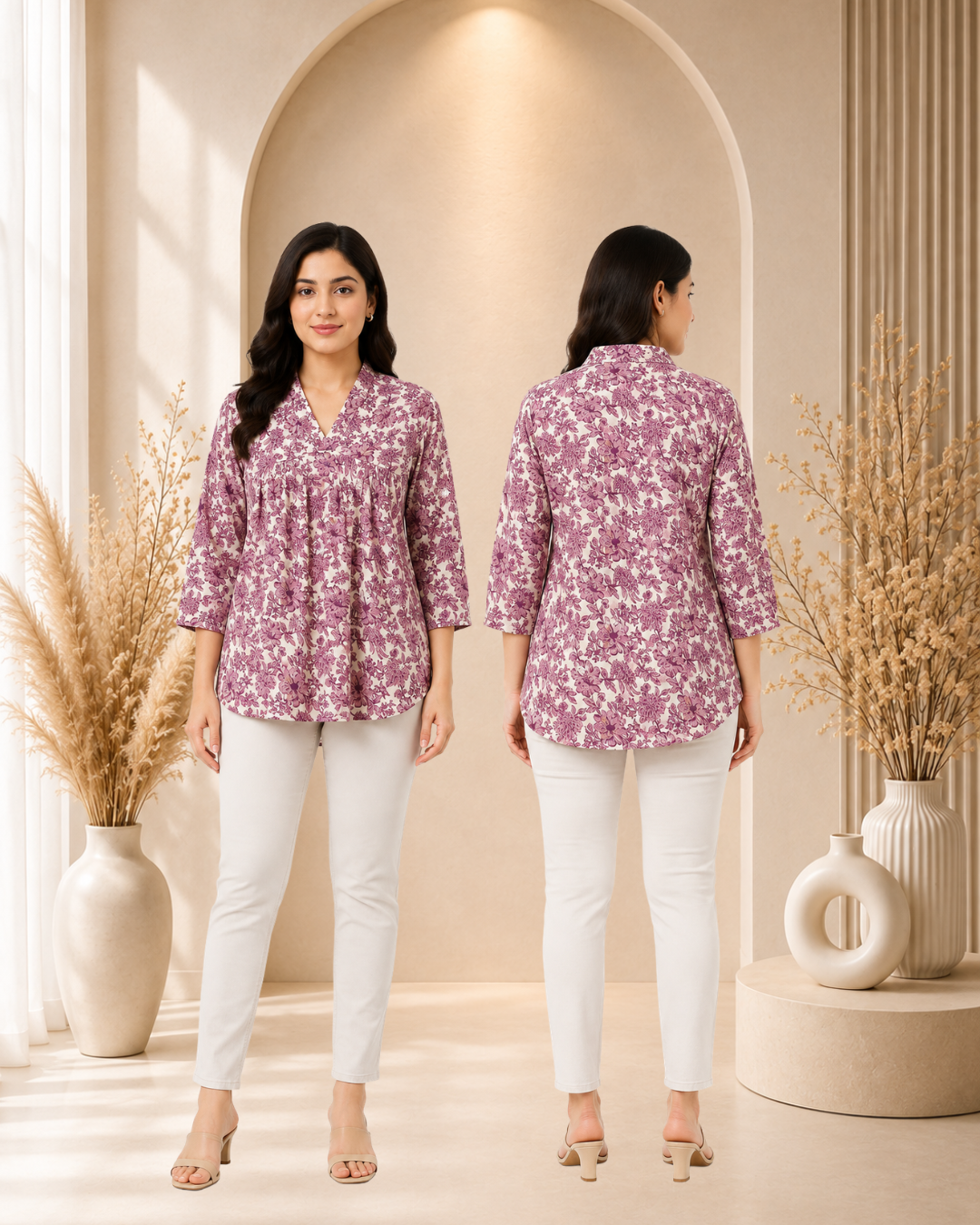 Women's Floral Print Loose Fit V-Neck Tunic Top - Mauve Cream