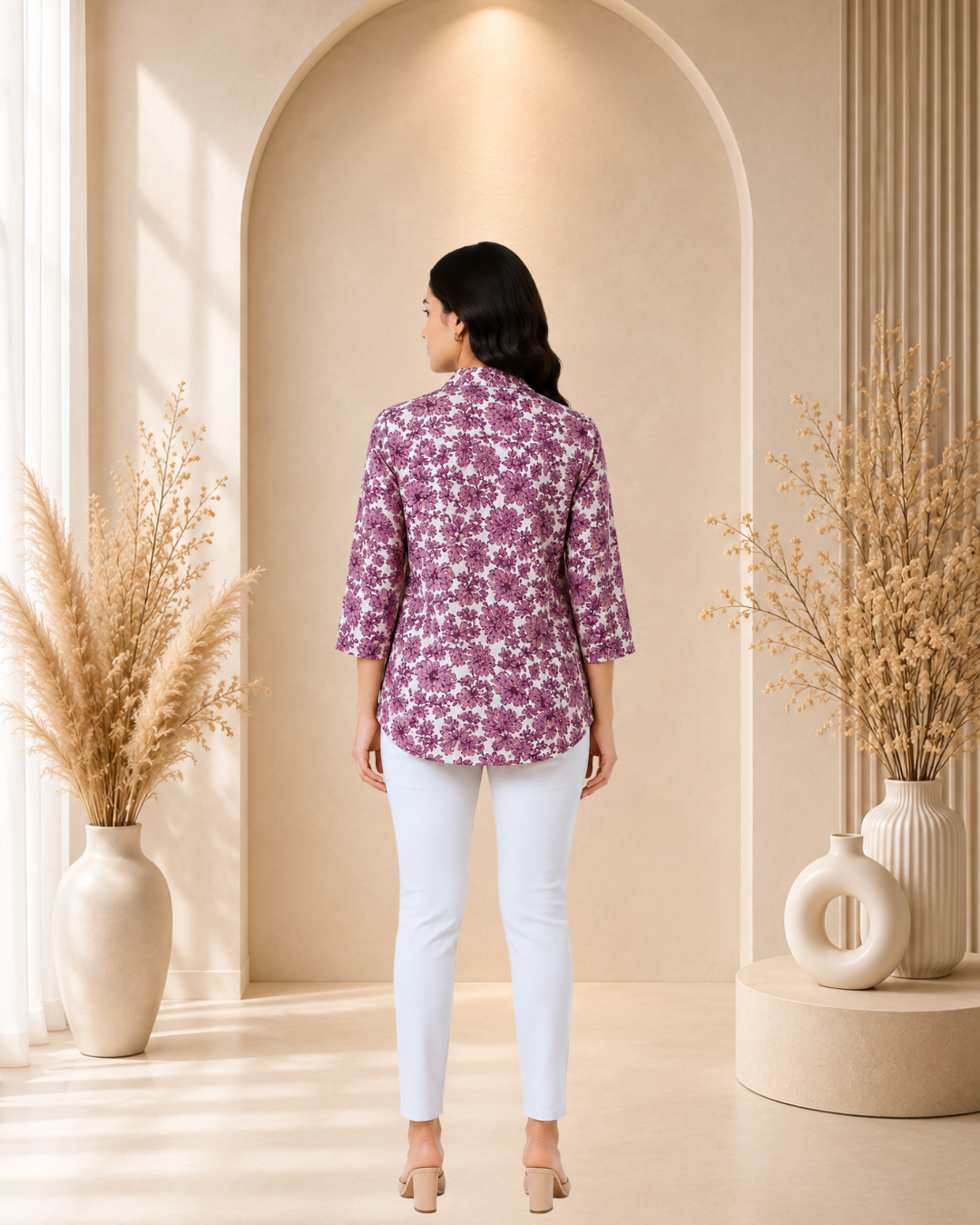 Women's Floral Print Loose Fit V-Neck Tunic Top - Mauve Cream