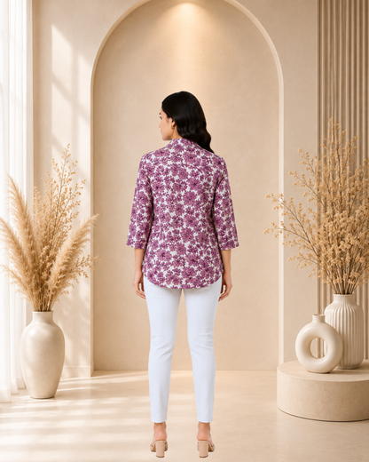 Women's Floral Print Loose Fit V-Neck Tunic Top - Mauve Cream