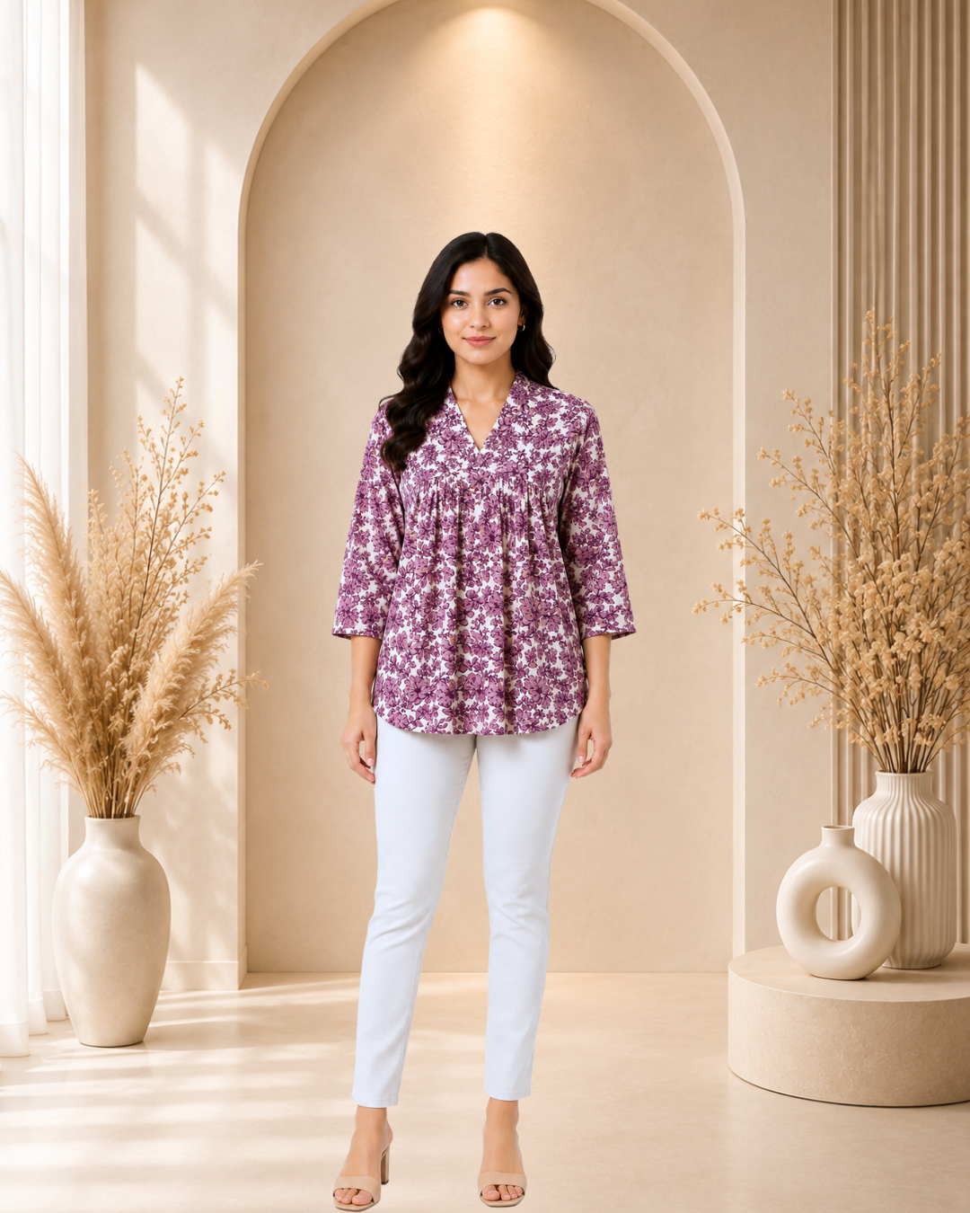 Women's Floral Print Loose Fit V-Neck Tunic Top - Mauve Cream