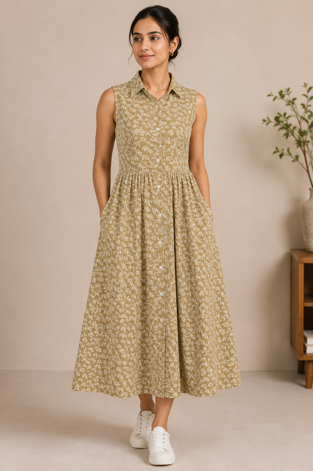 Women’s Taupe Beige Printed Button-Down Shirt Dress | Sleeveless Collared Flared Dress