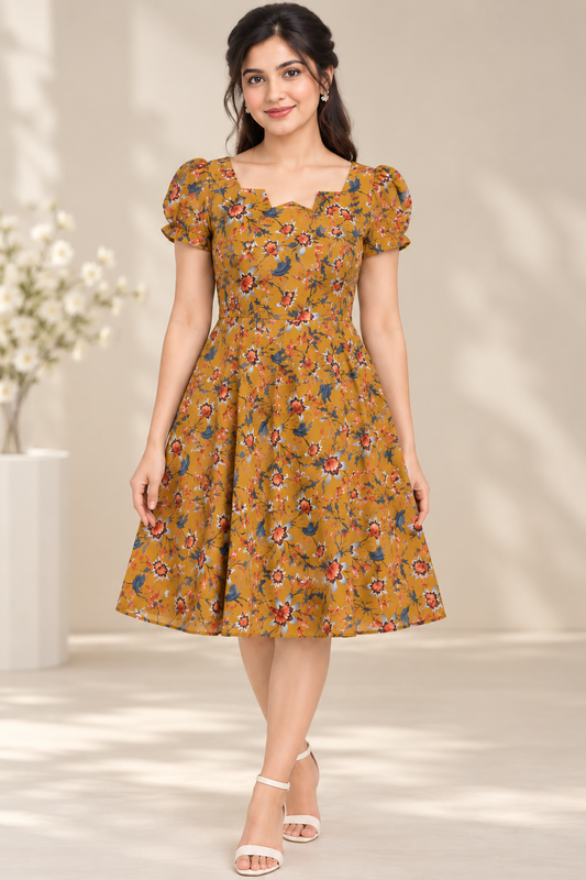 Floral Dress for Women| Mustard Multi Floral print, Georgette, Puff Sleeves