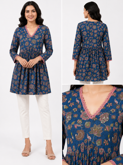 Floral Print Tunic Top - Royal Blue (100% Cotton)