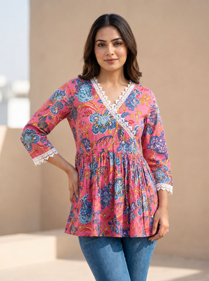 Angrakha Tunic Top - pink (100% Cotton)