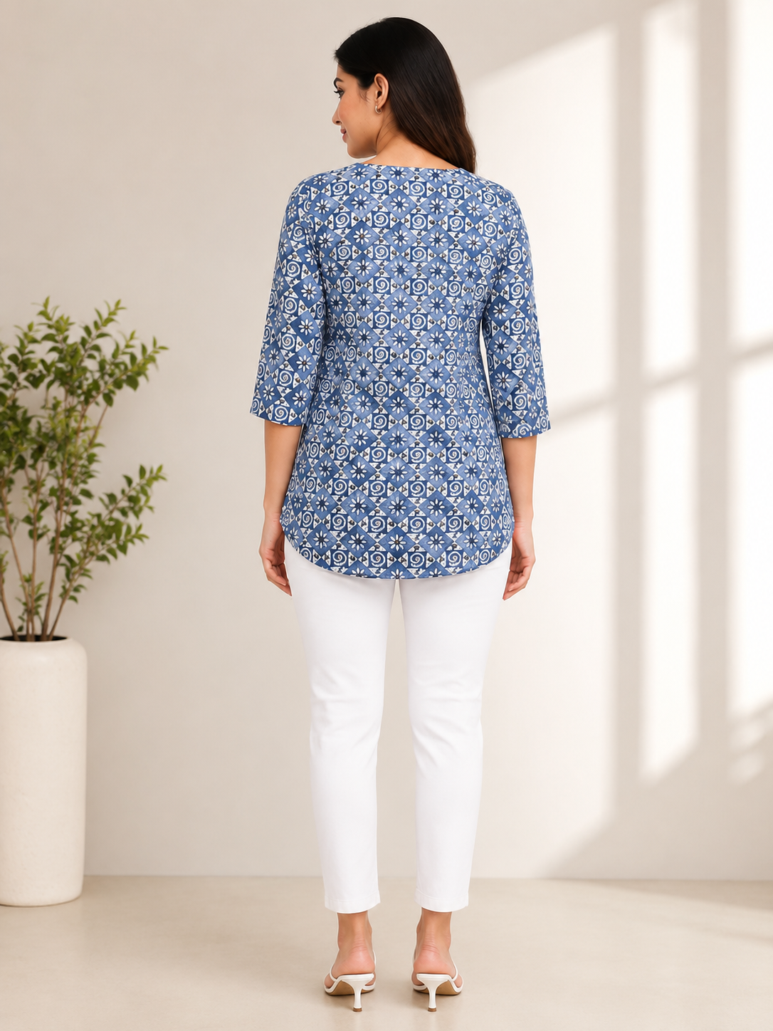 Women's Cotton Slub Foil Printed 3/4 Sleeve Tunic Top (Steel Blue)