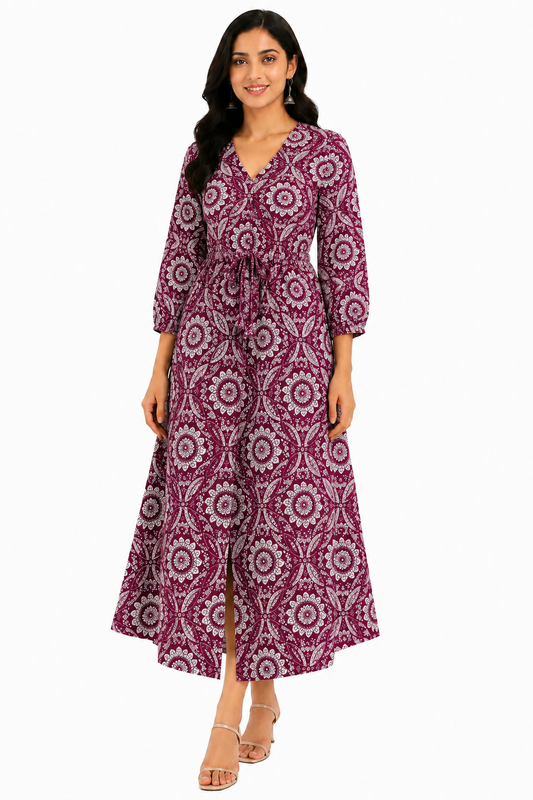 Boho Resort Maxi Dress - Wine Magenta (100% Cotton)