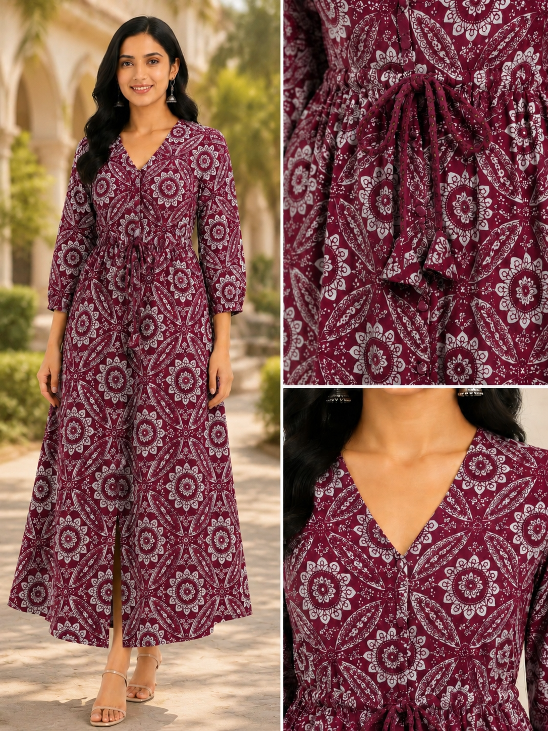 Boho Resort Maxi Dress - Wine Magenta (100% Cotton)