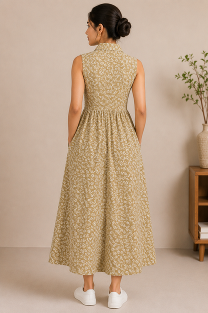 Women’s Taupe Beige Printed Button-Down Shirt Dress | Sleeveless Collared Flared Dress