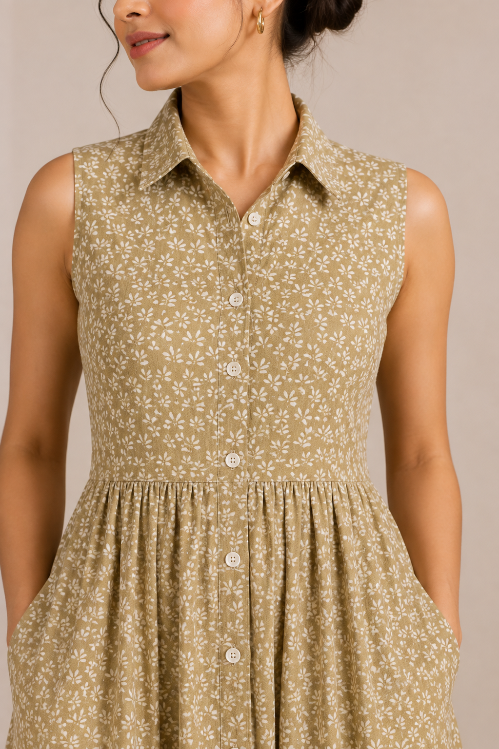 Women’s Taupe Beige Printed Button-Down Shirt Dress | Sleeveless Collared Flared Dress