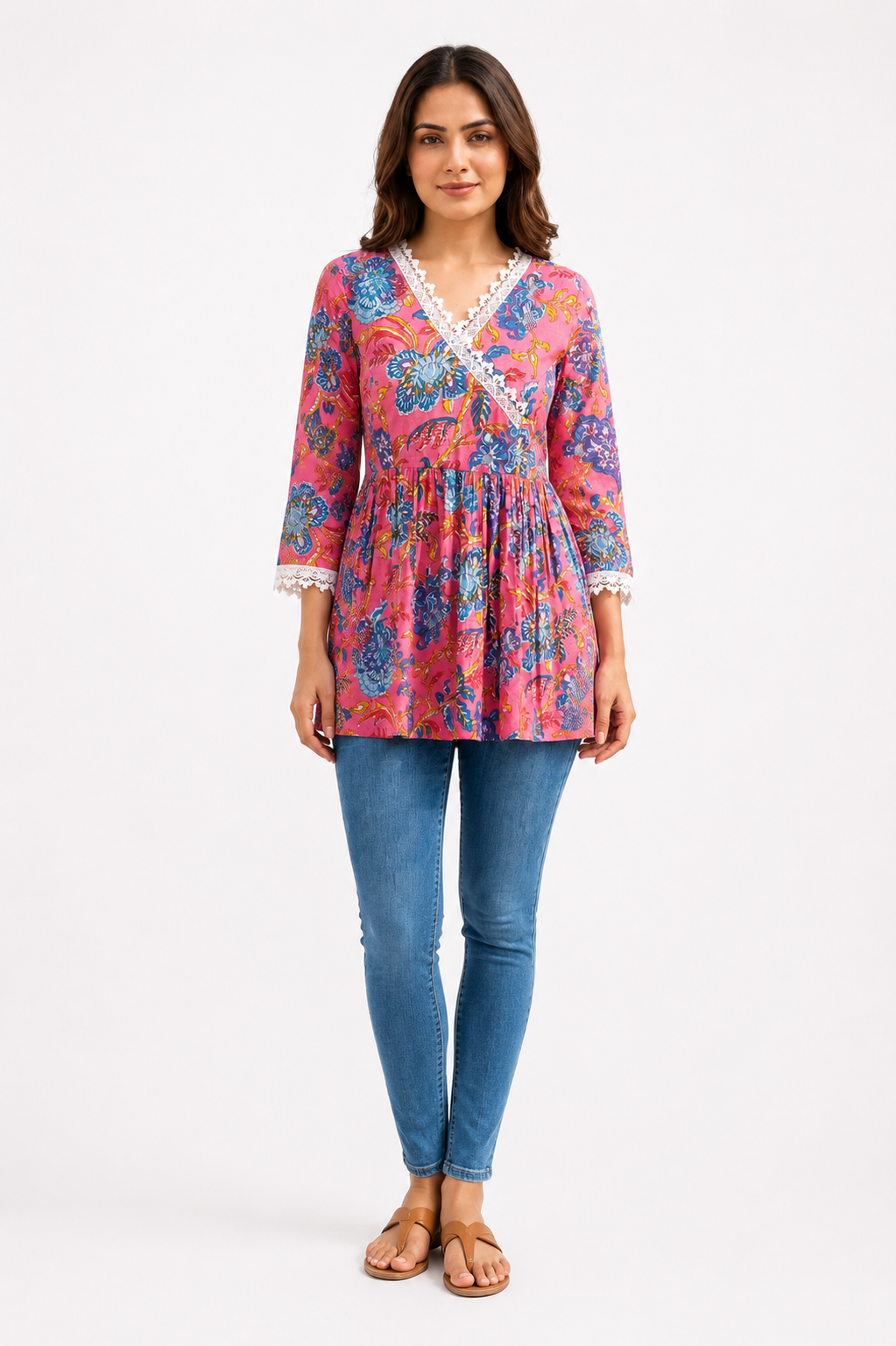 Angrakha Tunic Top - pink (100% Cotton)