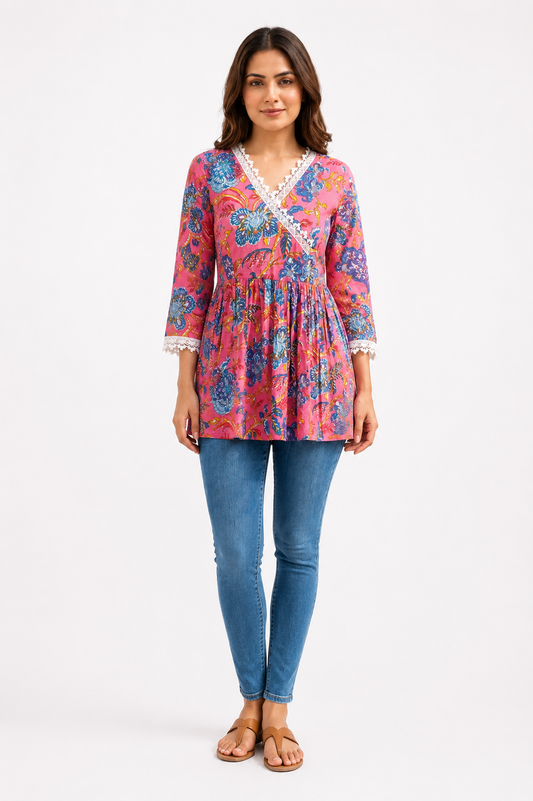 Angrakha Tunic Top - pink (100% Cotton)