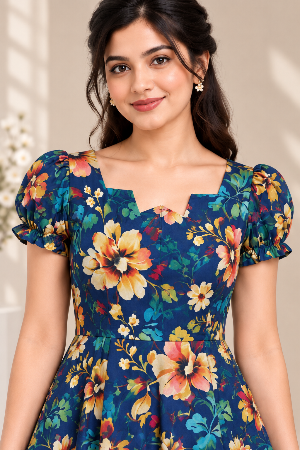 Floral Dress for Women| Navy Blue Multi Floral Print, Georgette ,Puff Sleeves