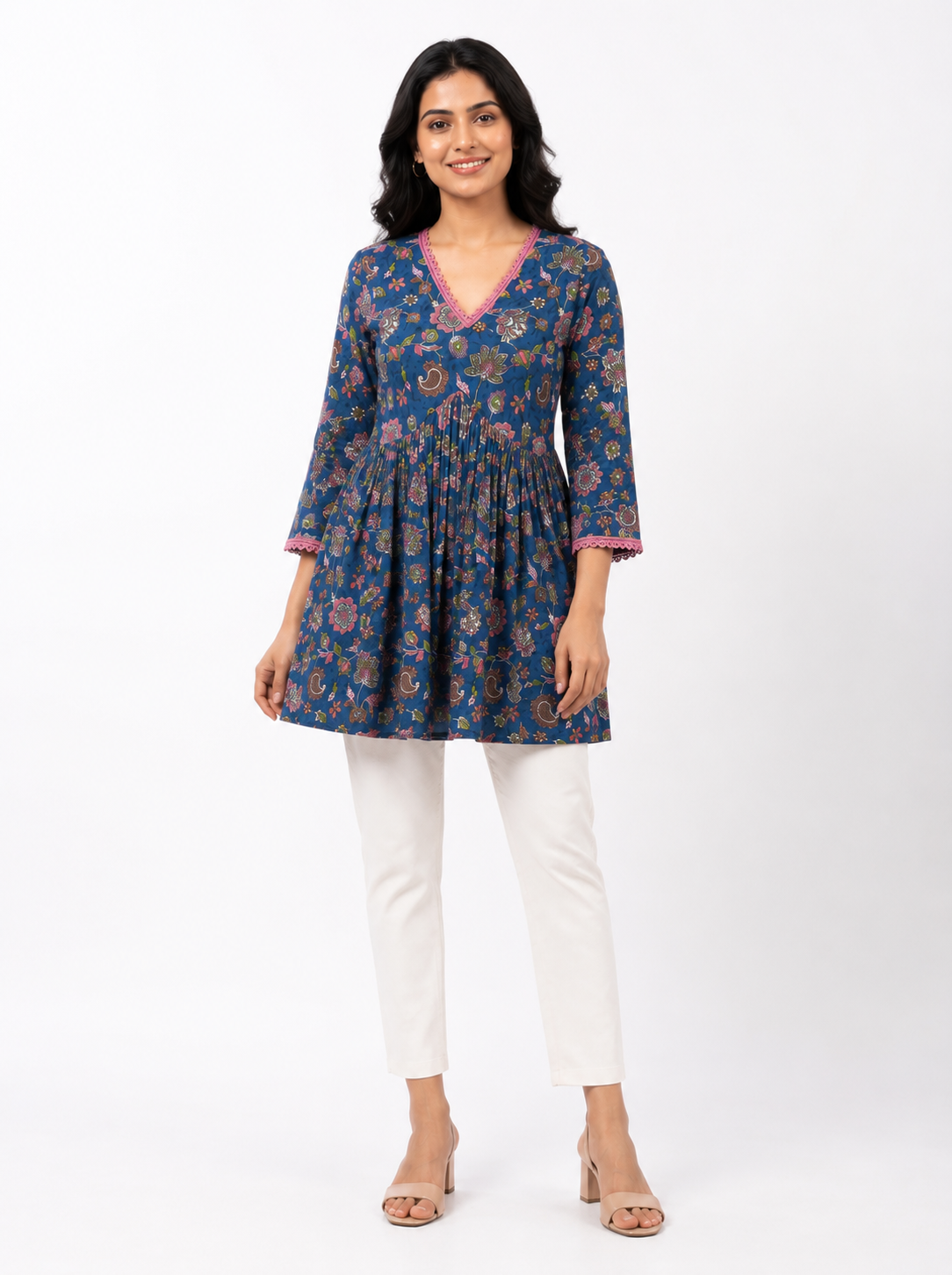 Floral Print Tunic Top - Royal Blue (100% Cotton)