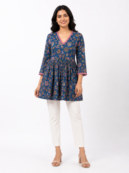Floral Print Tunic Top - Royal Blue (100% Cotton)