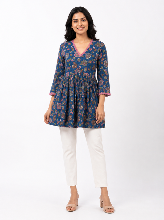 Floral Print Tunic Top - Royal Blue (100% Cotton)