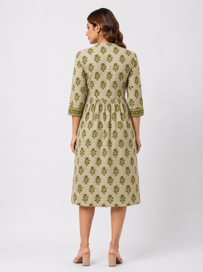Cotton Collar Tunic Dress - Olive Green (100% Cotton)