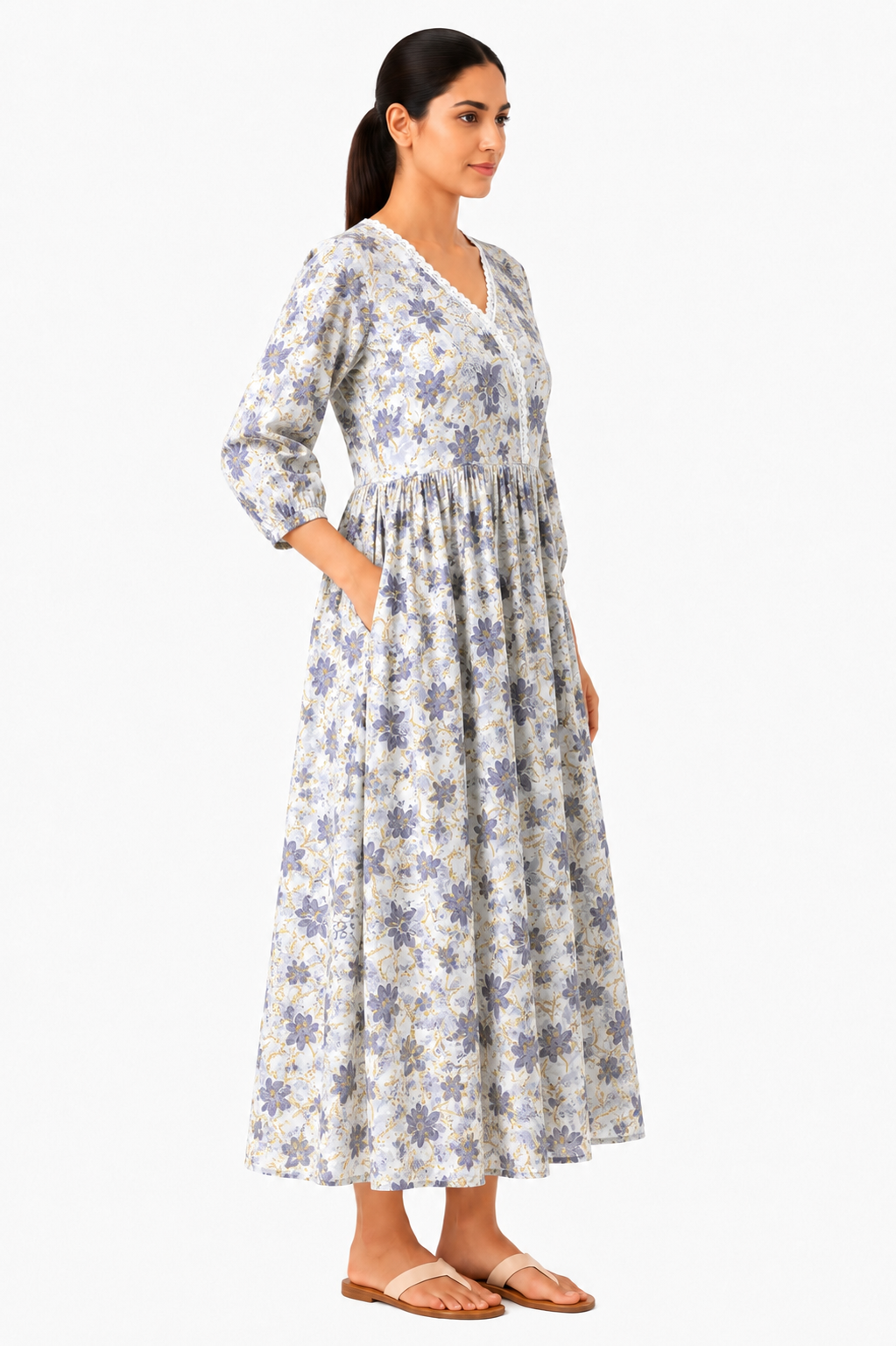 Floral Print Cotton Maxi Dress (100% Cotton)