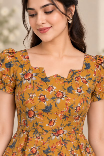 Floral Dress for Women| Mustard Multi Floral print, Georgette, Puff Sleeves