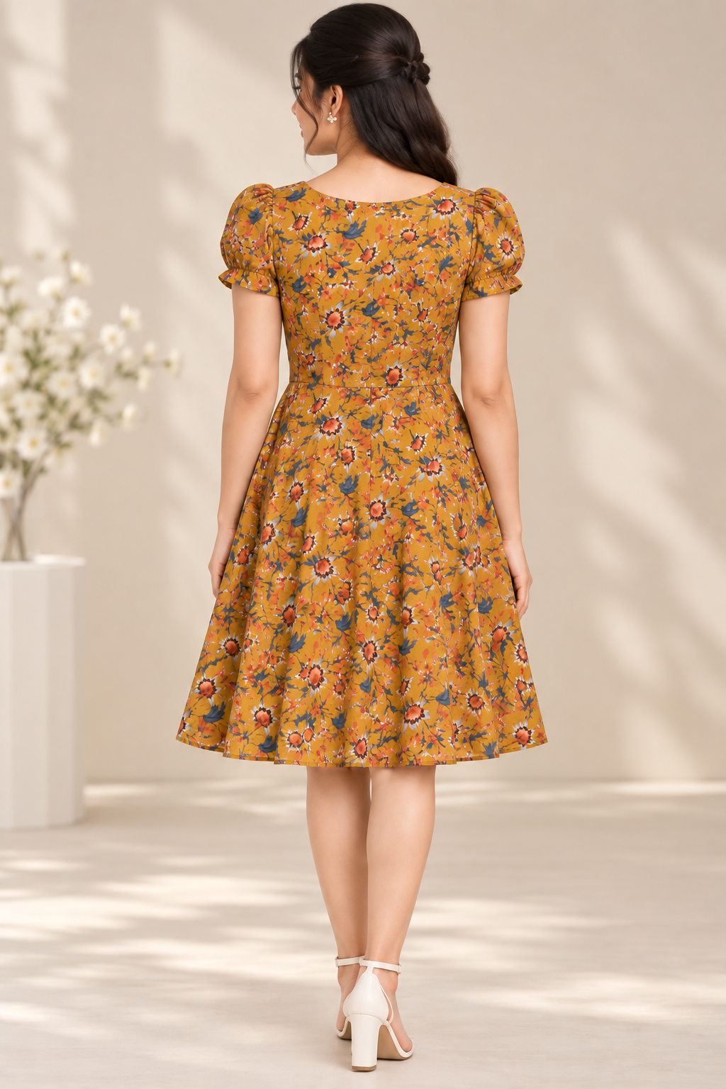 Floral Dress for Women| Mustard Multi Floral print, Georgette, Puff Sleeves