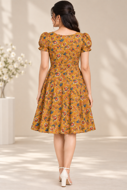 Floral Dress for Women| Mustard Multi Floral print, Georgette, Puff Sleeves