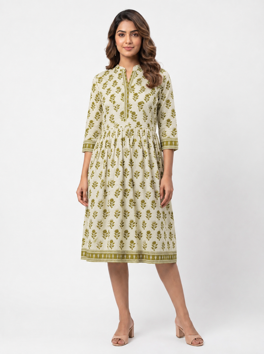 Cotton Collar Tunic Dress - Olive Green (100% Cotton)