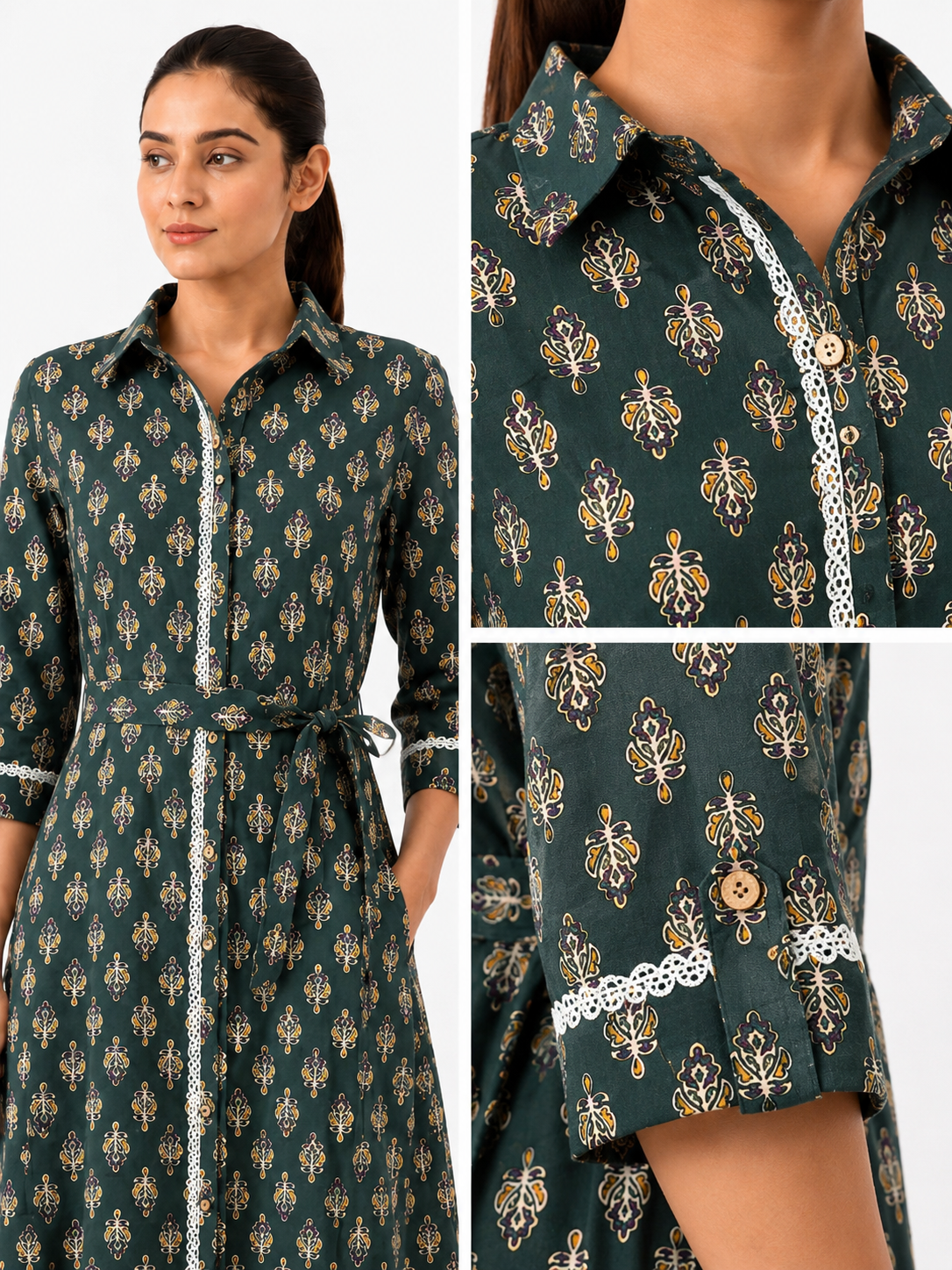 Classic Lace Shirt Dress - Slate Green (100% Cotton)