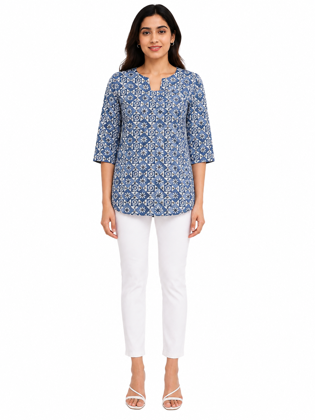 Women's Cotton Slub Foil Printed 3/4 Sleeve Tunic Top (Steel Blue)
