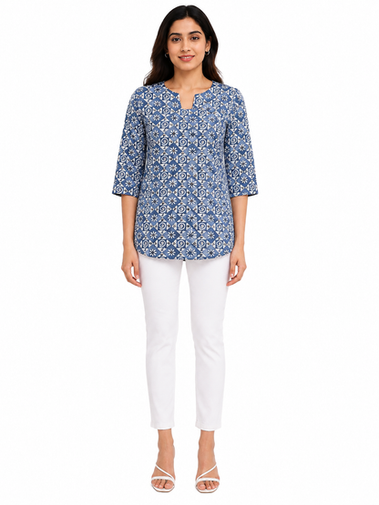 Women's Cotton Slub Foil Printed 3/4 Sleeve Tunic Top (Steel Blue)