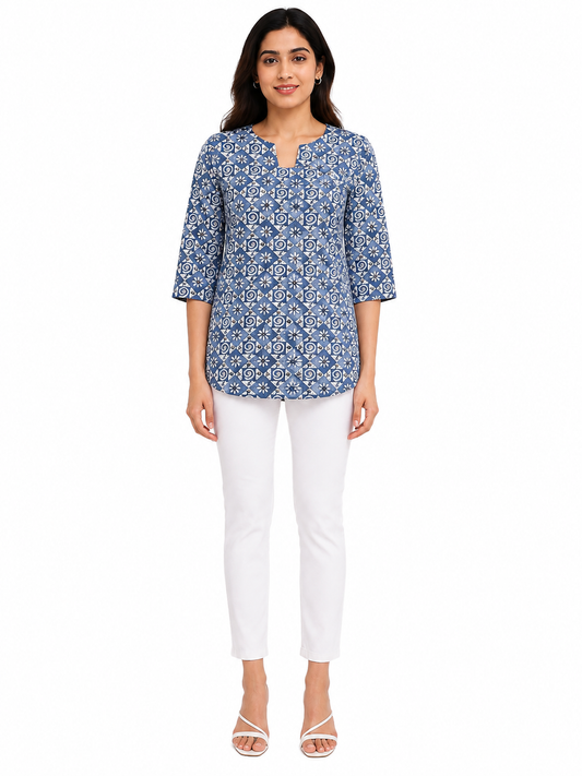 Women's Cotton Slub Foil Printed 3/4 Sleeve Tunic Top (Steel Blue)
