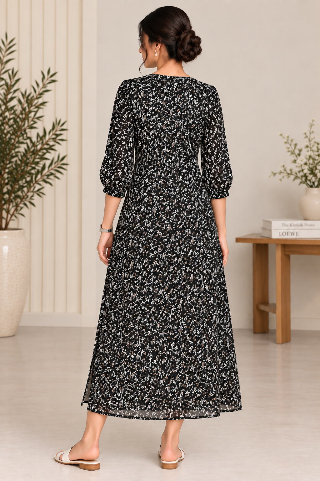 Flared Maxi Dress for Women-Black Multi Floral Print, Heavy Georgette ,3/4 Bell Sleeves