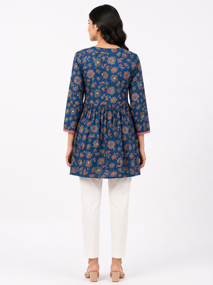 Floral Print Tunic Top - Royal Blue (100% Cotton)