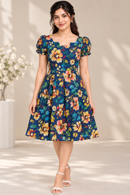 Floral Dress for Women| Navy Blue Multi Floral Print, Georgette ,Puff Sleeves