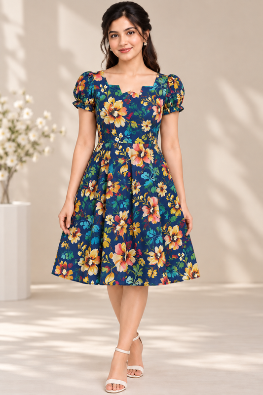 Floral Dress for Women| Navy Blue Multi Floral Print, Georgette ,Puff Sleeves